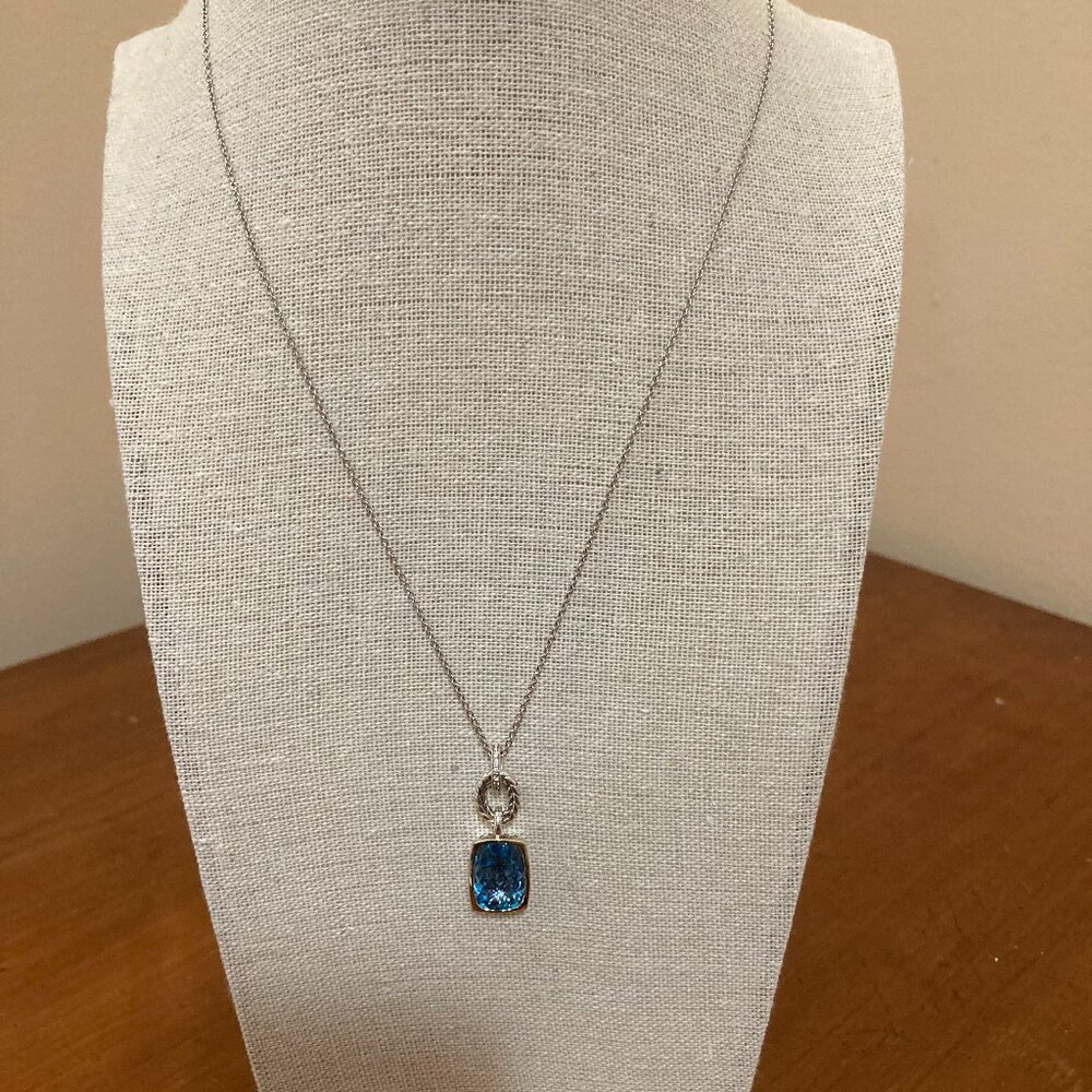 Sterling Silver 14K Yellow Gold Blue Topaz Diamond Pendant Necklace